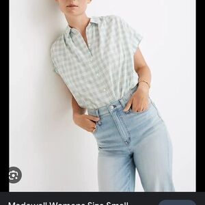 Madewell Green and White Gingham Cap Sleeve Button Down Shirt